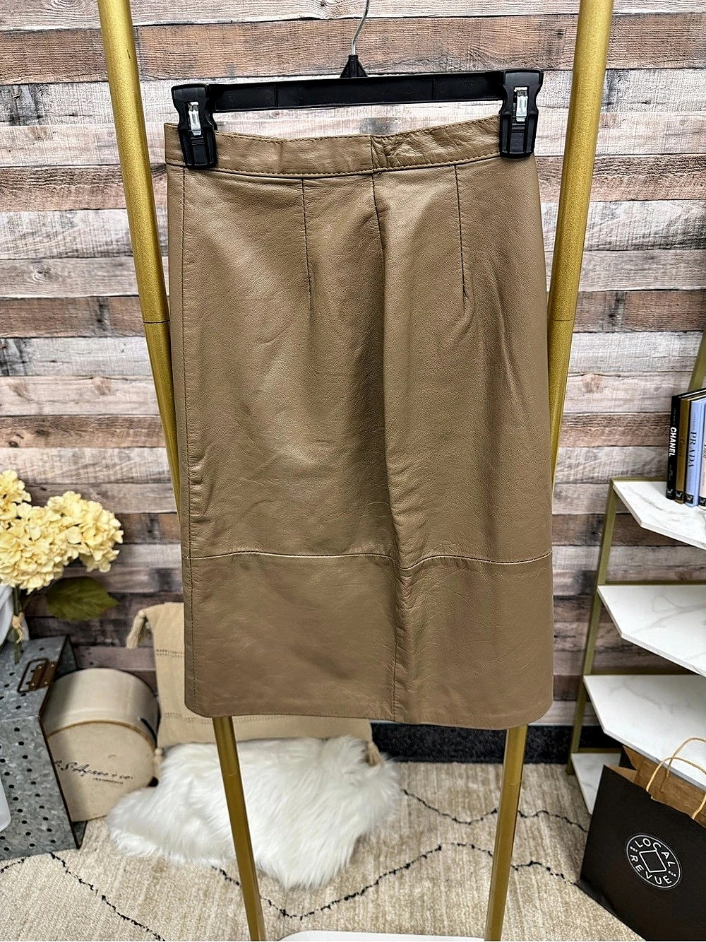 No Label Camel Genuine Leather Pencil Skirt